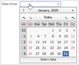 An interactive calendar appears when the "Date from" field is clicked.